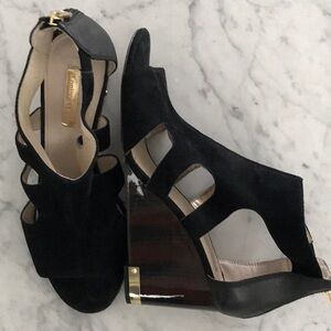Louise et Cie Black Suede Cutout Wedge Sandals with Gold Accents